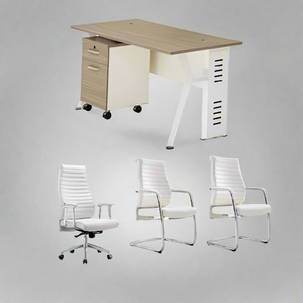 1.2 Metre Office Table And White Swivel Chair With 2 Visitor Chairs @ HOG