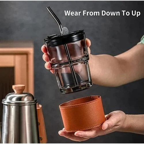 Glass Mug With Leather Sleeve And Glass Straw - 430ml Home Office Garden | HOG-Home Office Garden | online marketplace 