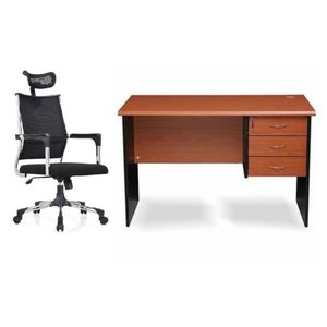 4 feet Office Table with 3 Drawers-Cherry-BLKL +Mesh Swivel Chair Home Office Garden | HOG-HomeOfficeGarden | HOG-Home.Office.Garden