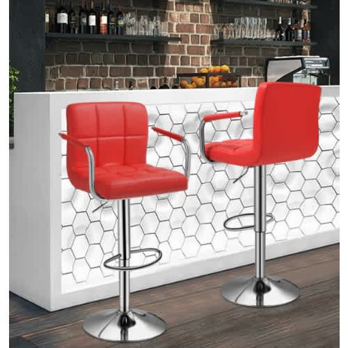 Backrest + Armrest Chrome Faux Leather Breakfast Bar stool Swivel - Red Set Of 2