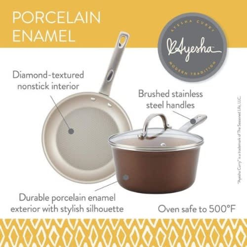 Ayesha Curry Home Collection - Porcelain Enamel Nonstick Cookware Set - Brown Sugar - 12piece