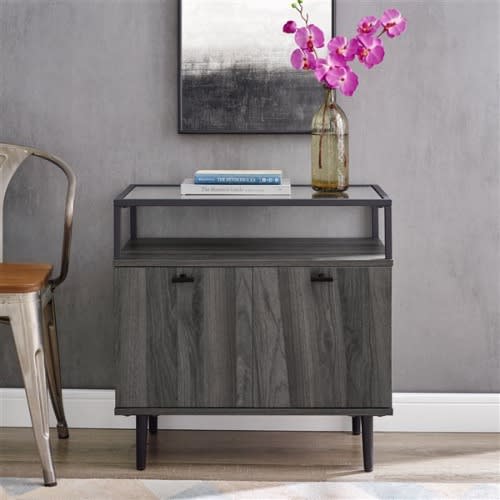 Walker Edison Modern Glass Top 2-door Side Table - Slate Grey. Home Office Garden | HOG-HomeOfficeGarden | online marketplace
