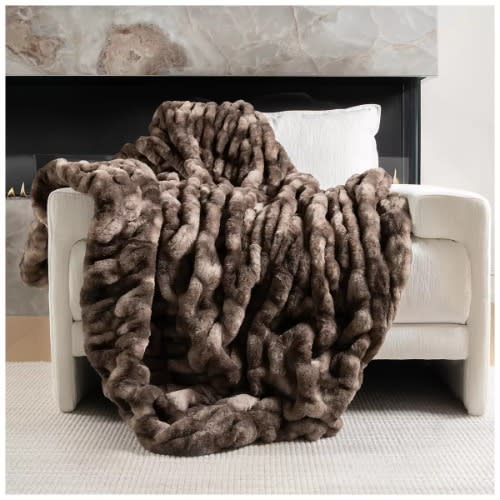 Mon Chateau Brown/Grey Ruched & Printed Luxe Faux Fur Blanket. Home Office Garden | HOG-HomeOfficeGarden | online marketplace