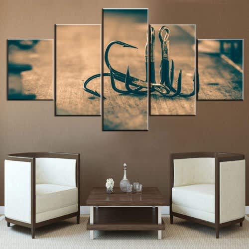 Black Fishing Hooks Picture 5 Panel Canvas Wall Painting