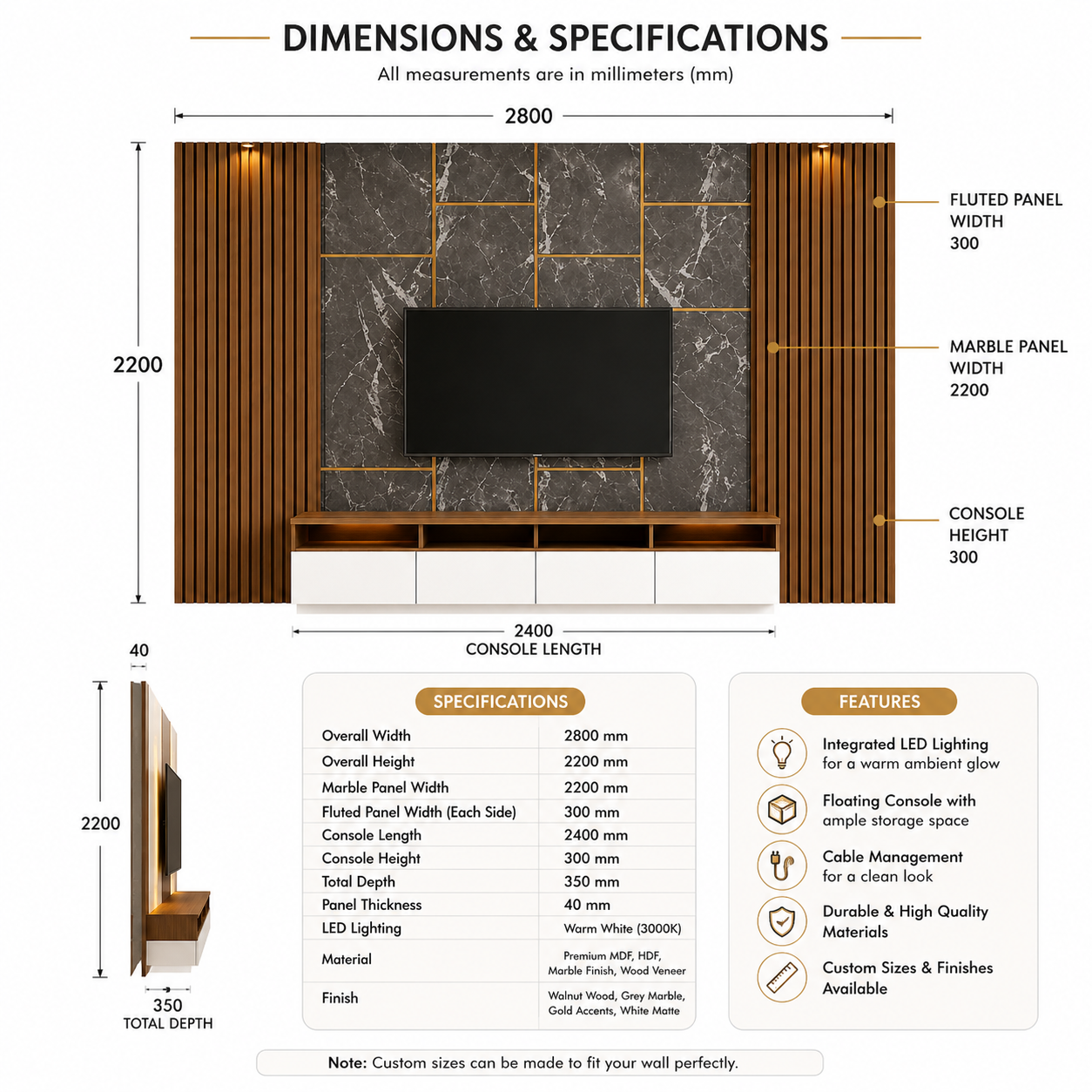 Elegant modern TV feature wall design with flute panel