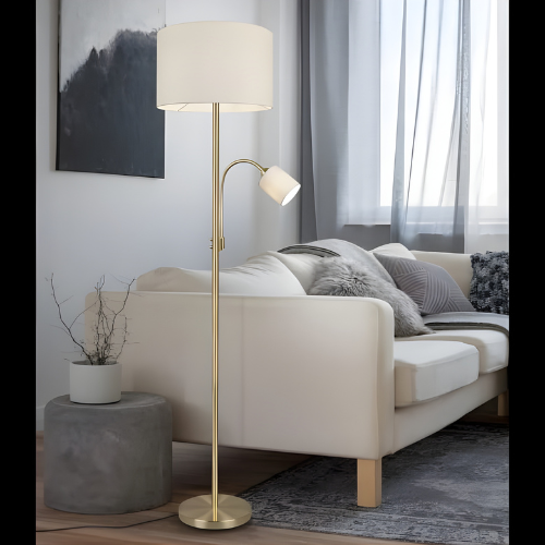 Gold Dual-Light Floor Lamp with Fabric Drum Shade and Adjustable Reading Light @HOG - Home, Office, Online Marketplace