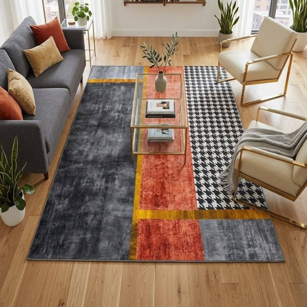 Grey, Rust And Houndstooth Geometric Area Rug @HOG - Home, Office, Garden, Online Marketplace