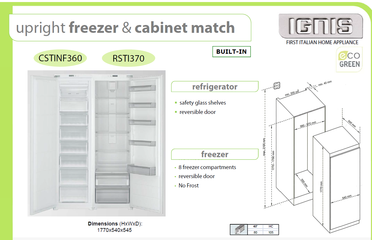 Ignis 197L Built-in Upright Freezer | Frost Free, White. @HOG - Home Office Garden Online Marketplace