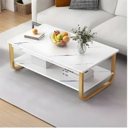 Modern White Marble-Style Center Table with Gold Frame (100 × 60 × 41 cm) @HOG - Home, Office, Online Marketplace