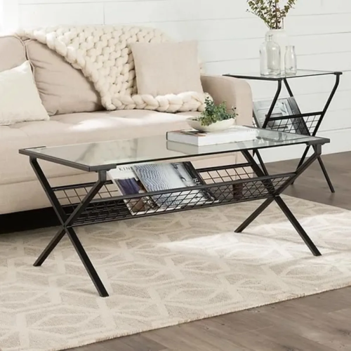 Walker Edison 42" Modern Metal & Glass Coffee Table With Magazine Holder - Black. Home Office Garden | HOG-HomeOfficeGarden | online marketplace