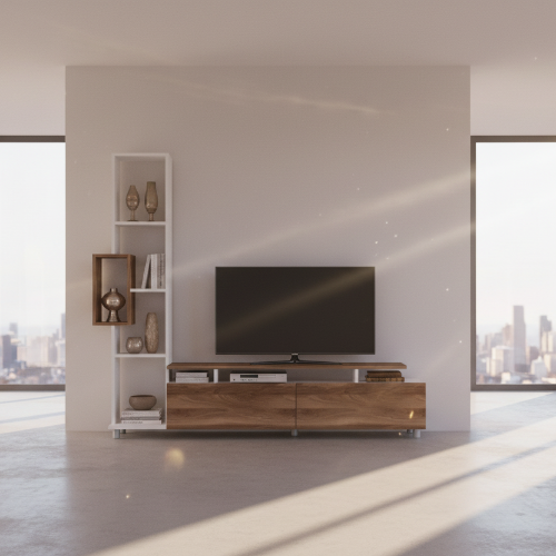 Tulip Tv Unit - up to 60inches - White-Walnut. @HOG - Home Office Garden Online Marketplace