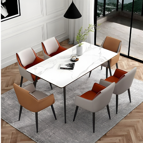 Modern Marble Dining Table & Dual-Tone Upholstered Chair Set