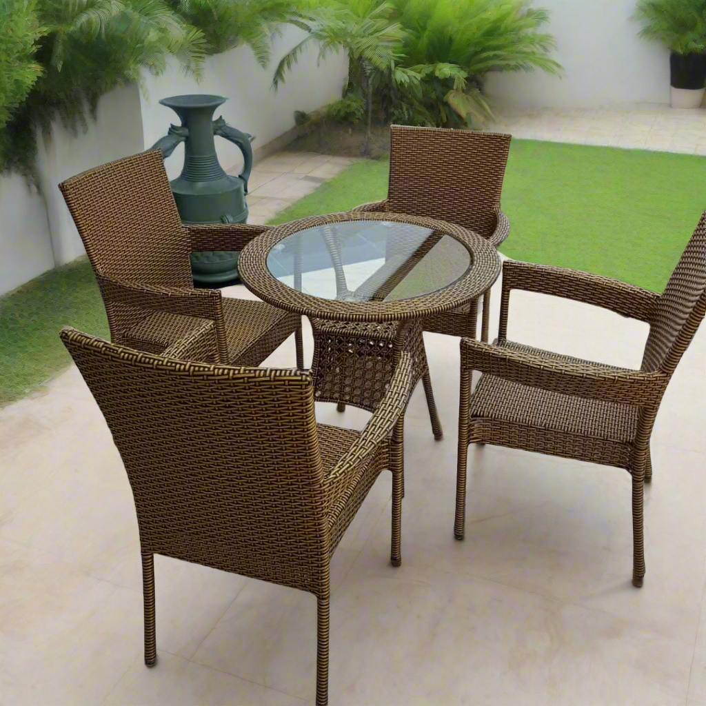 Tebur Rattan Patio na Waje + 4 Kujeru