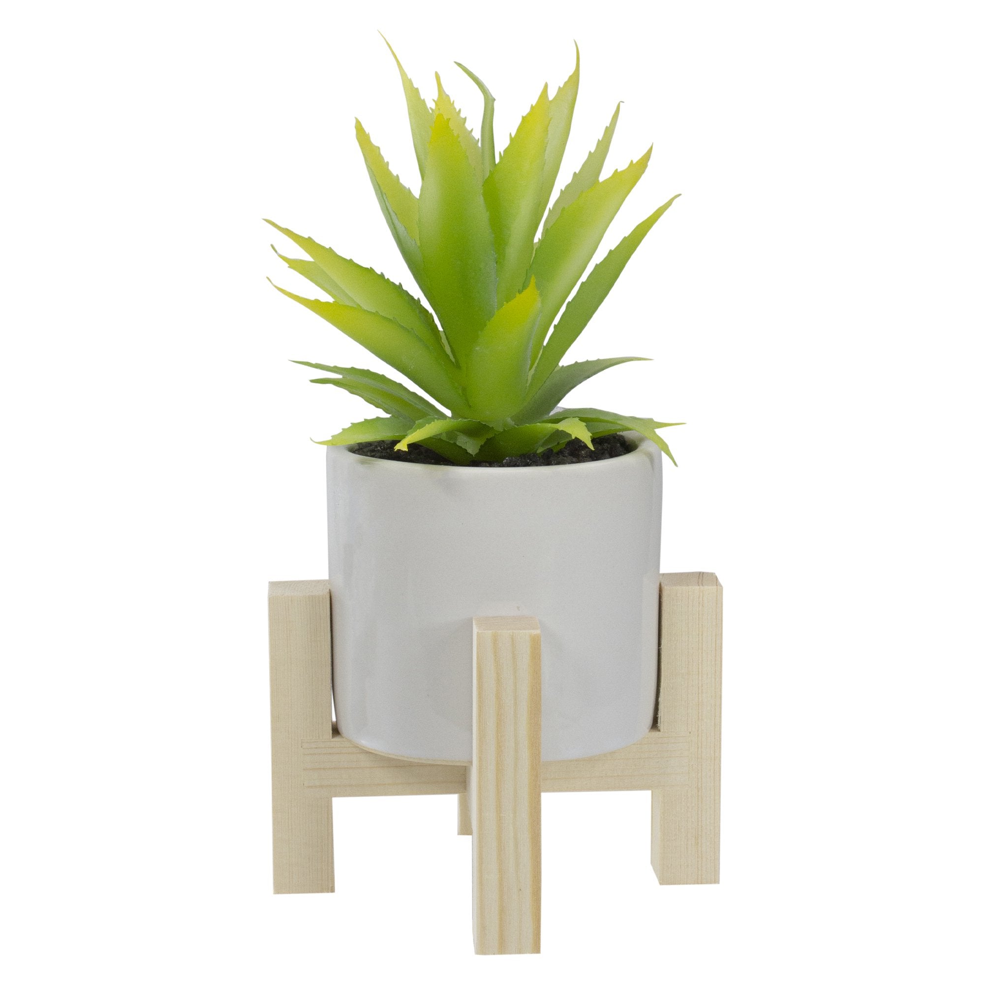 Potted Green Artificial Succulent with Wooden Stand