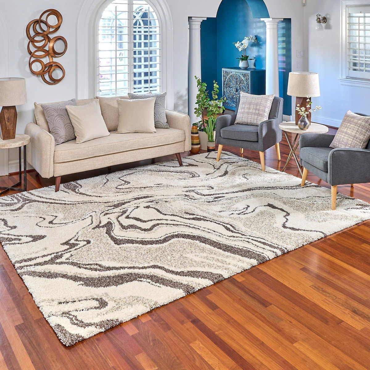 Thomasville Hudson Lush Shag Area Rug - 5ft 3in * 7ft 5in - Micco Grey Cream HOG-Home Office Garden online marketplace.