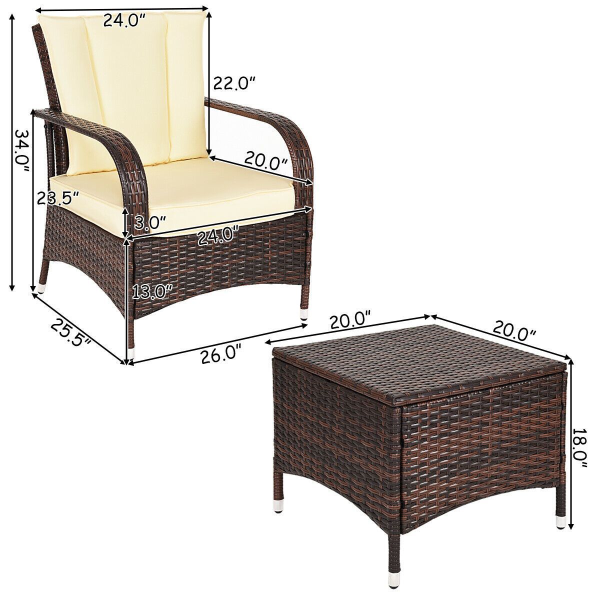 Costway 3PCS Ita gbangba Patio Rattan Wicker Furniture Ṣeto