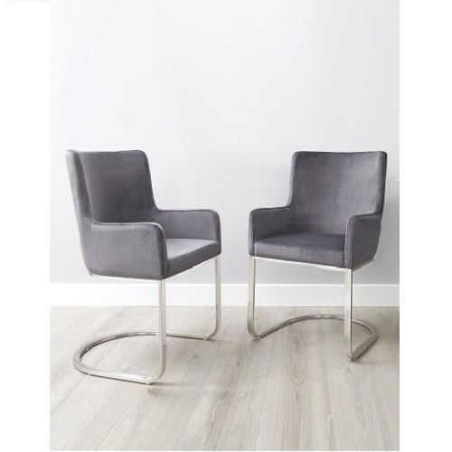 Danetti - Velvet And Brushed Steel Cantilever Dining Armchair - Dark Grey