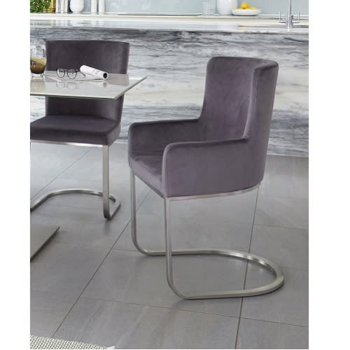 Danetti - Velvet And Brushed Steel Cantilever Dining Armchair - Dark Grey