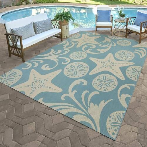 Gertmenian Naples Indoor - Outdoor Area Rug - Colima Blue Oasis Sand - 9ft X 13ft