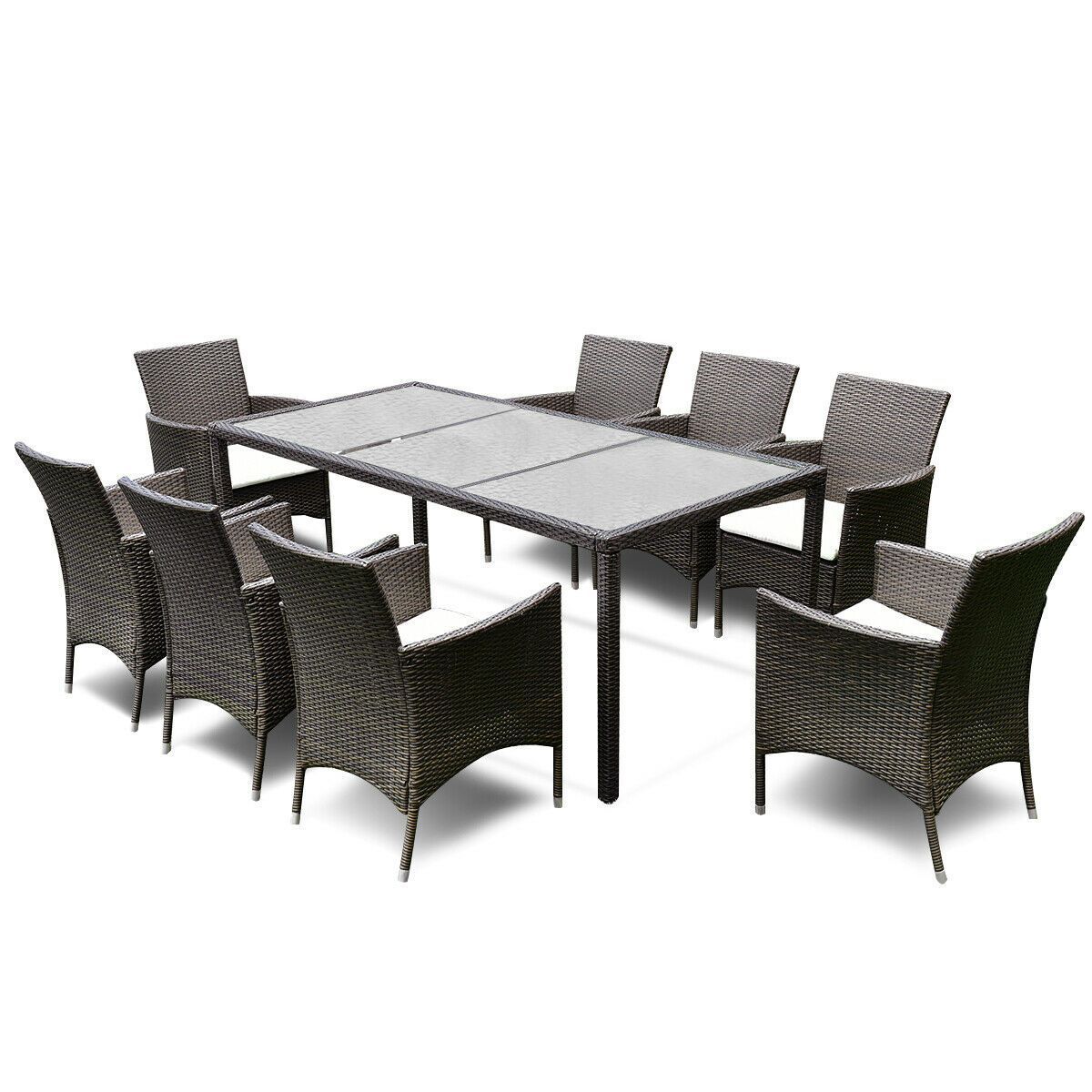 Gymax 9PCS Patio ijeun Brown Rattan Table ijoko cushions Garden Ṣeto