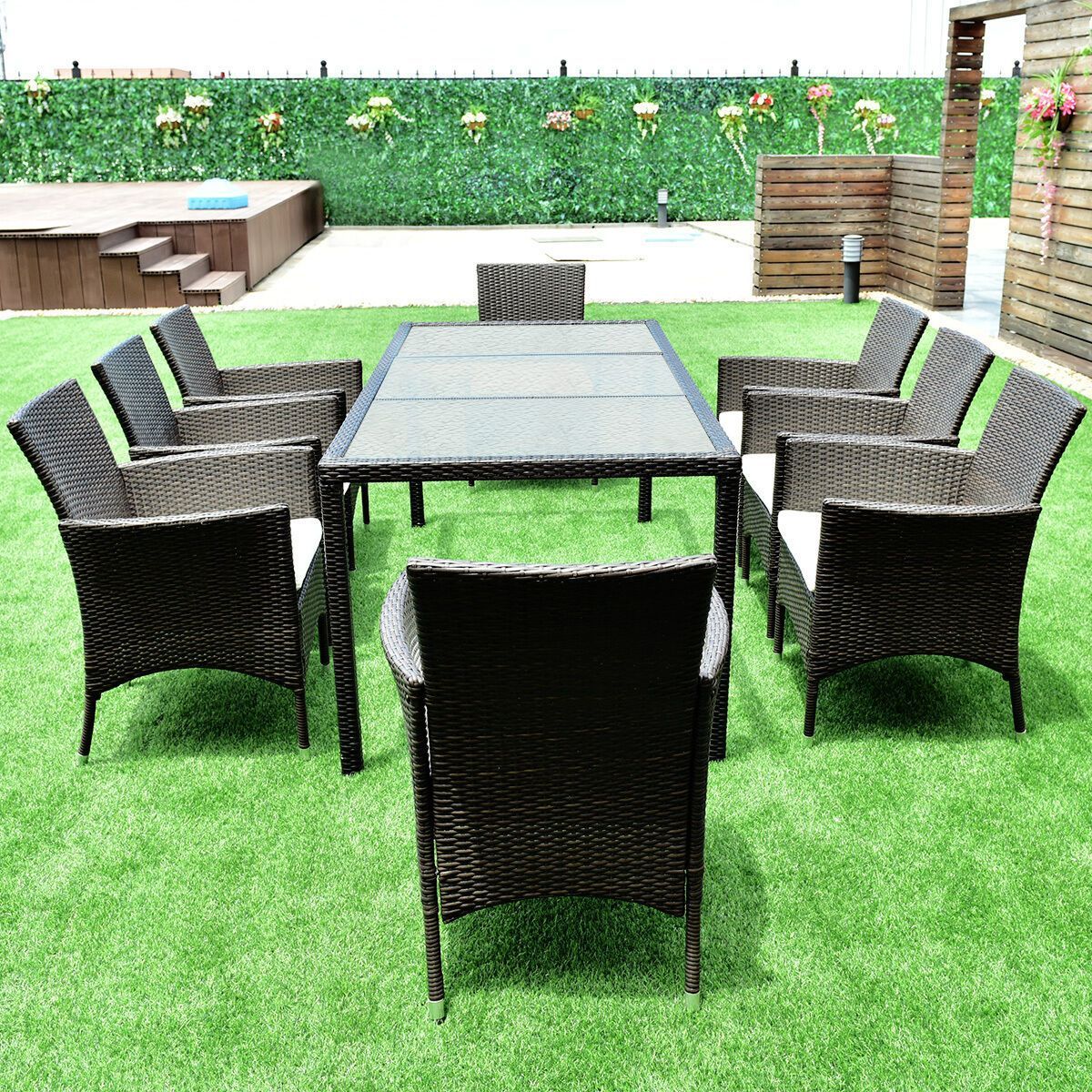 Gymax 9PCS Patio Dining Brown Rattan Table Chairs Cushions Garden Set