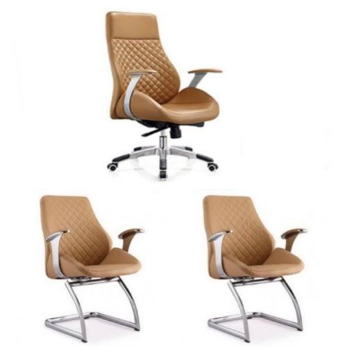 High Back Brown Leather Executive Swivel Office Chair with Arms & 2 Visitors Chairs