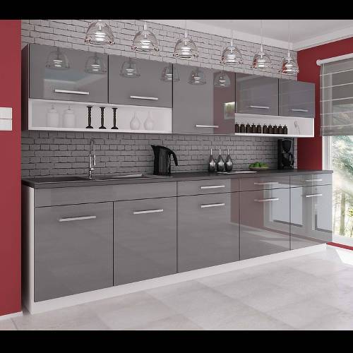 High Gloss Gray kitchen cabinets Complete 7 units MODERN 250cm.Plinth,Handles