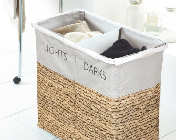 Wicker Print Lights and Darks Laundry Hamper Clothes Storage Bin Two Compartments