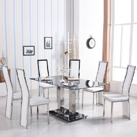 Venice Dining Table In Black Glass With 6 Collete White Chairs