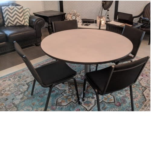Virco Round Gray 48 Inch Café, Banquet, Dining Table With 4 Padded Chairs
