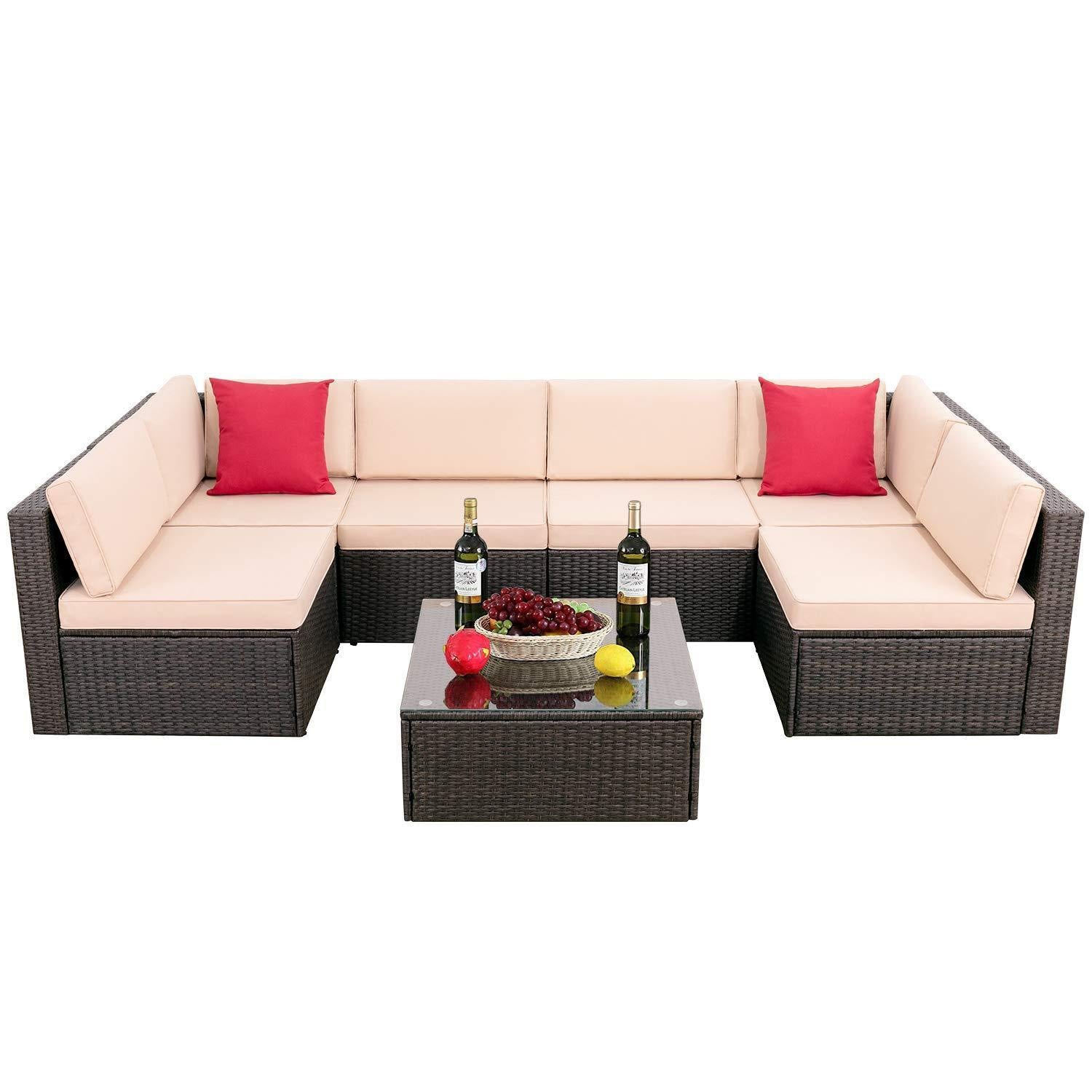 Walnew 7 Nkan Ita gbangba Rattan Sectional aga