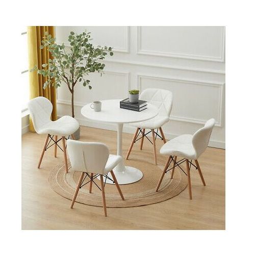 Dining Table & Leather Chair With Wood Leg(Set Of 4) White