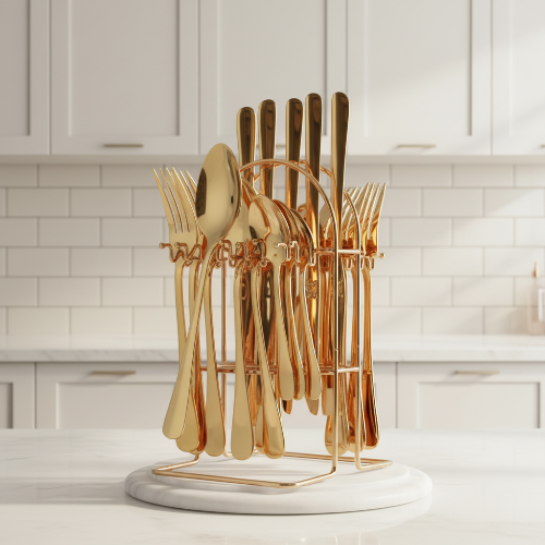 24pcs Gold Plated Stainless Steel Cutlery Set With Rack @HOG - Home, Office, Garden, Online Marketplace
