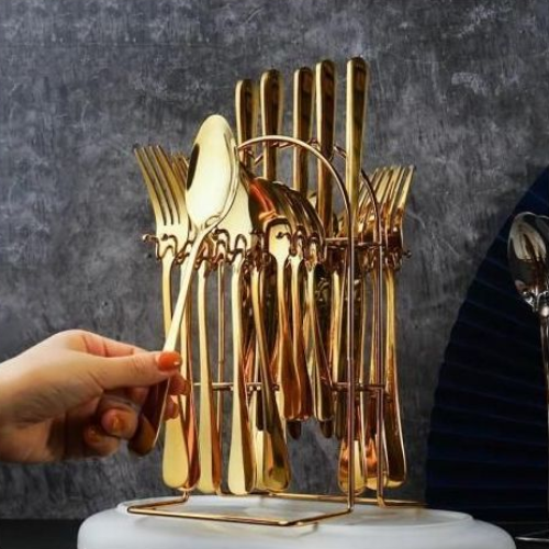 24pcs Gold Plated Stainless Steel Cutlery Set With Rack @HOG - Home, Office, Garden, Online Marketplace