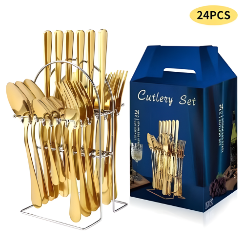 24psc Gold Stainless Steel Spoons & Forks With RACK @HOG - Home, Office, Garden, Online Marketplace

