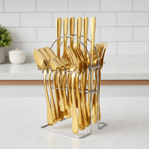 24psc Gold Stainless Steel Spoons & Forks With RACK @HOG - Home, Office, Garden, Online Marketplace
