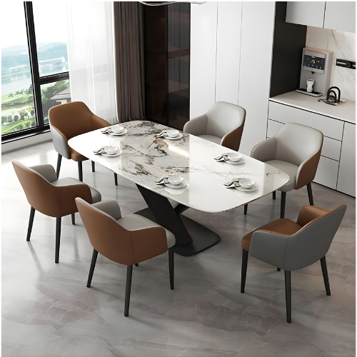 Contemporary Marble Dining Table & Mixed-Tone Upholstered Chair Set @HOG - Home, Office, Garden, Online Marketplace