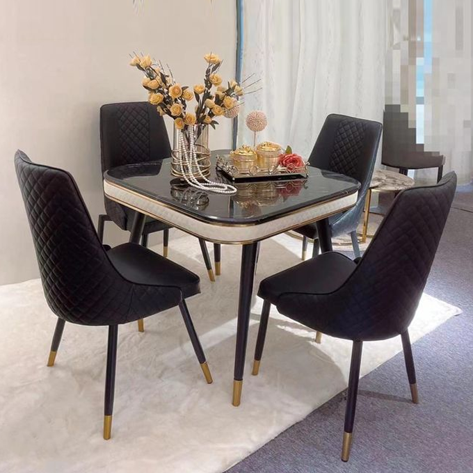 Elegant 4-Seater Marble Dining Table Set with Quilted Upholstered Chairs