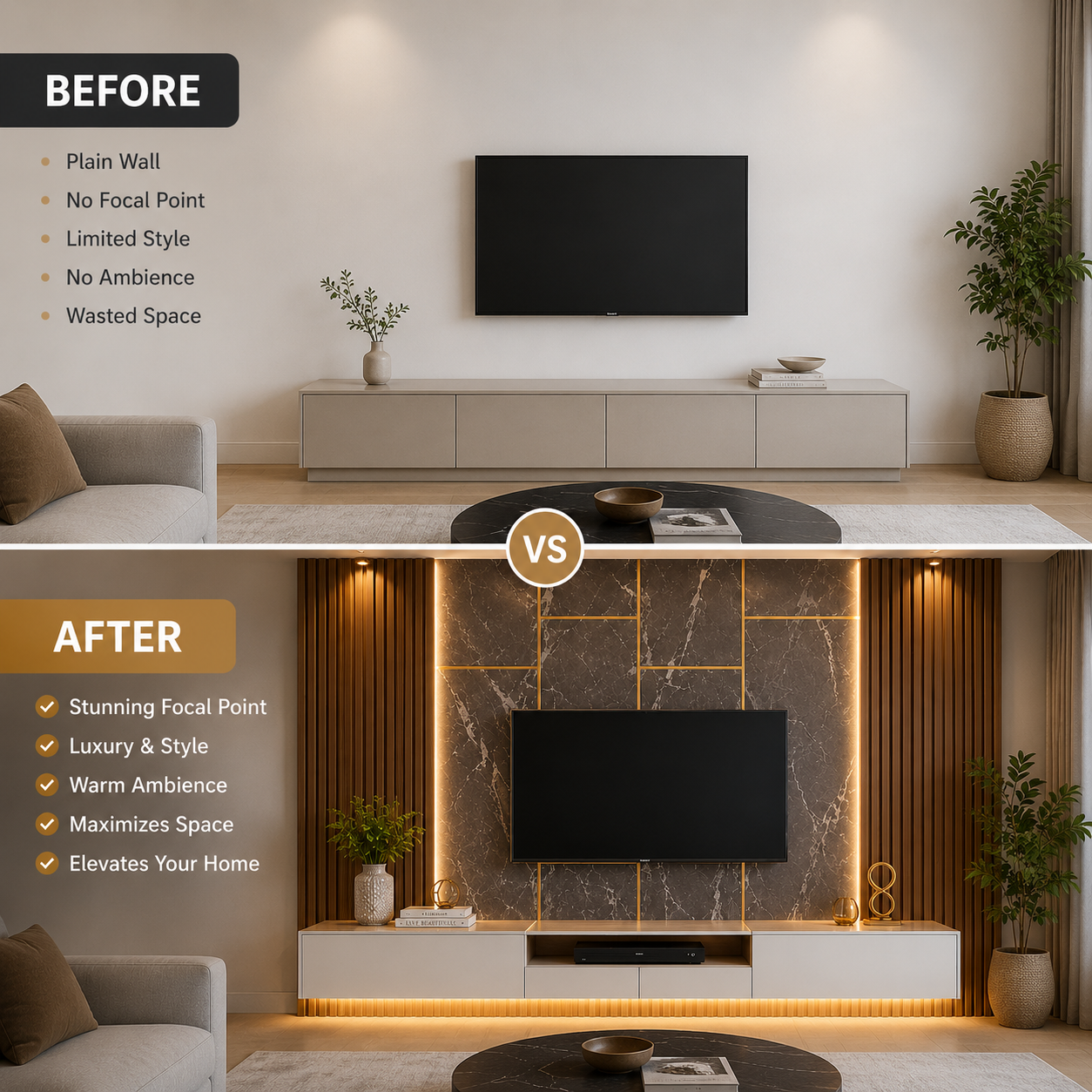 Elegant modern TV feature wall design with flute panel