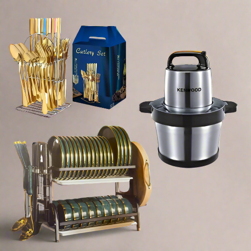 Essential Kitchenware Trio – Dish Rack, Yam Pounder & Tableware Set. Home Office Garden | HOG-HomeOfficeGarden | online marketplace