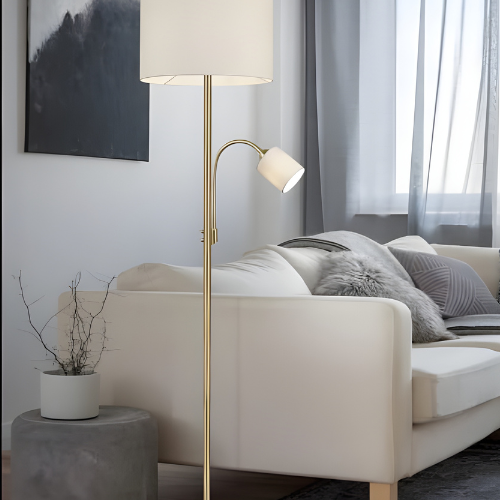 Gold Dual-Light Floor Lamp with Fabric Drum Shade and Adjustable Reading Light @HOG - Home, Office, Online Marketplace