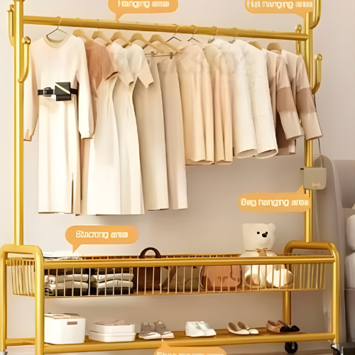 Gold Multi-Functional Clothing Rack with Mobile Storage Zones @HOG - Home, Office, Online Marketplace