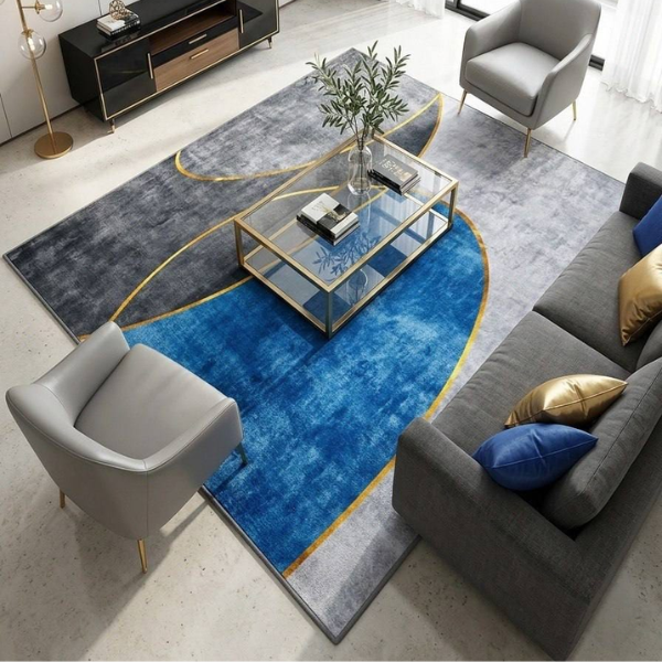 Grey And Blue Abstract Geometric Area Rug With Gold Accents @HOG - Home, Office, Garden, Online Marketplace