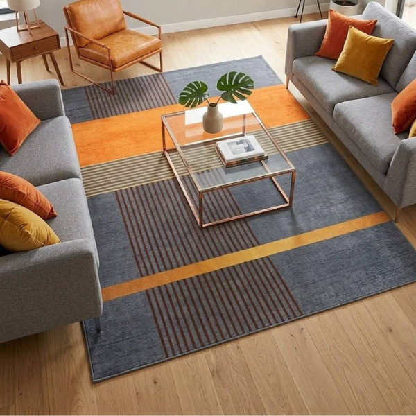 Grey, Orange And Mustard Geometric Area Rug
