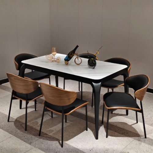 Luxury White Marble Dining Table Set with Black & Gold Accents