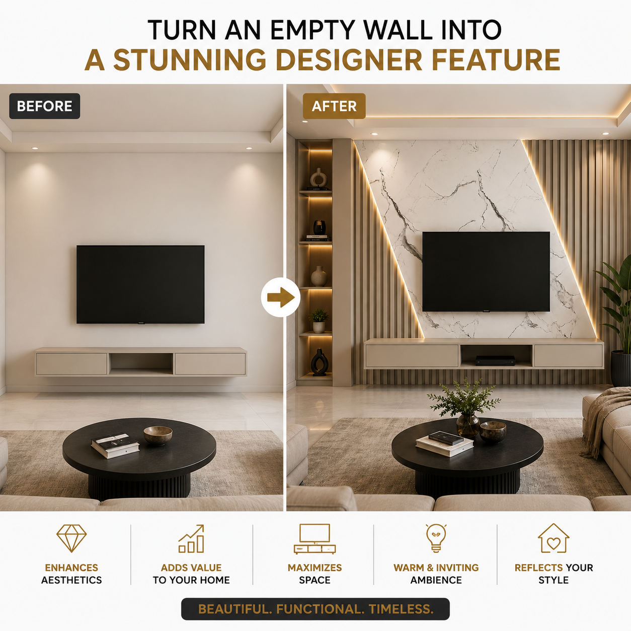 Minimalist TV wall with floating console with flute panel