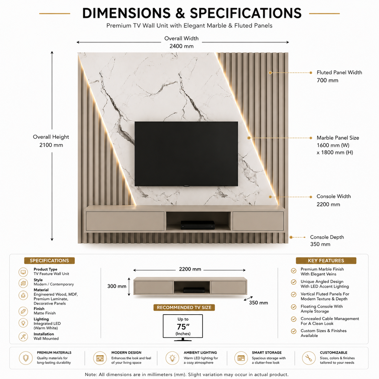 Minimalist TV wall with floating console with flute panel