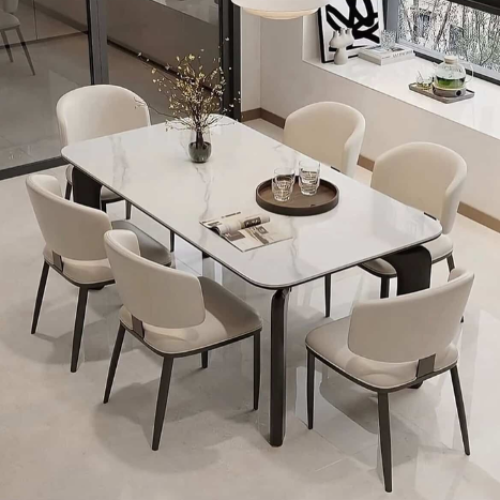 Modern 6-Seater Marble-Effect Dining Table Set with Upholstered Chairs @HOG - Home Office Garden Online Marketplace