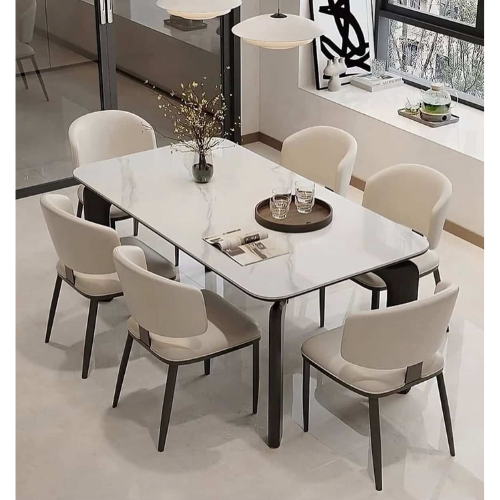 Modern 6-Seater Marble-Effect Dining Table Set with Upholstered Chairs @HOG - Home Office Garden Online Marketplace