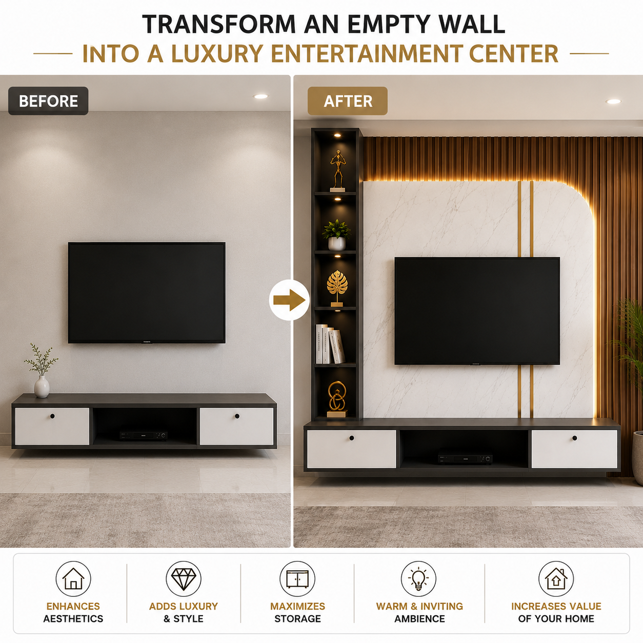 Modern luxury TV wall unit design with flute panel